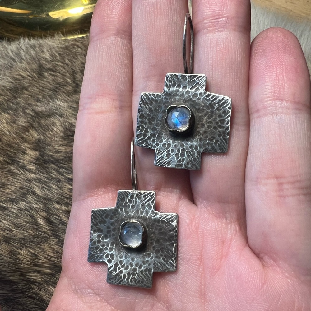 Sterling silver handmade oxidized cross earrings with faceted rainbow moonstone